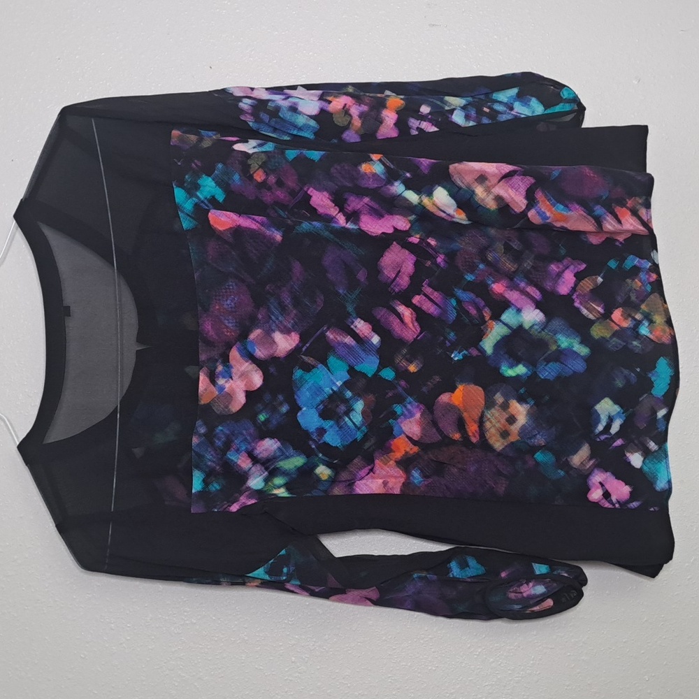 Nanette Lepore Women's Black Abstract Multicolor 3/4 Slv Silk Top Pullover 2